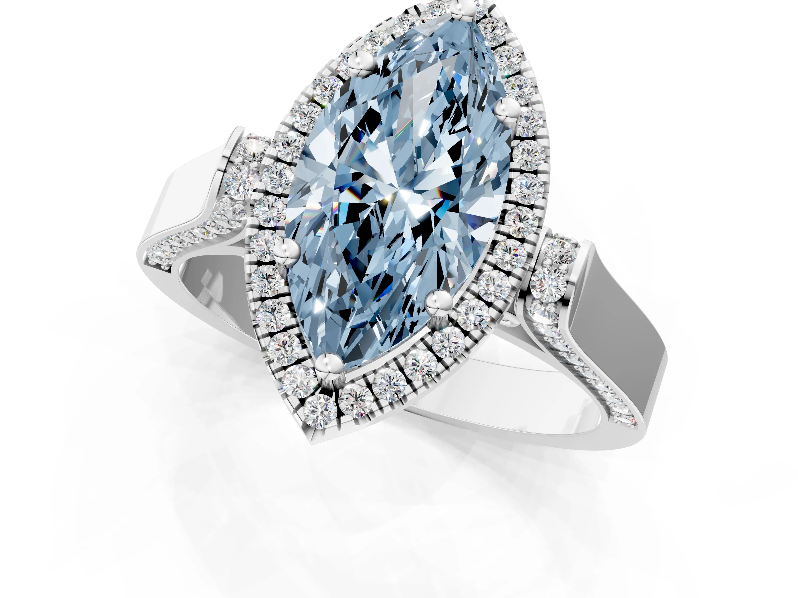 White gold Fancy Blue Marquise Cut Halo Round Diamond Twist Band with Four-Prong Setting_25