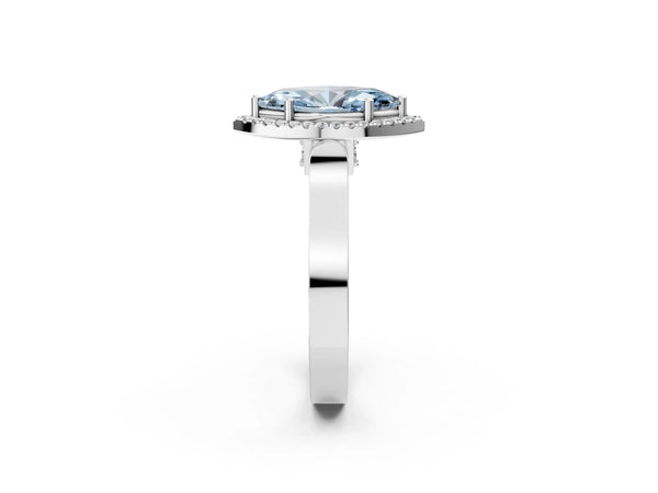 Platinum Fancy Blue Marquise Cut Halo Round Diamond Twist Band with Four-Prong Setting