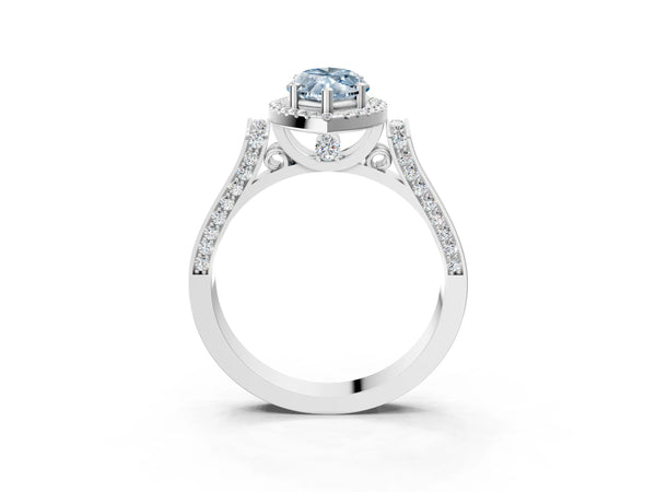Platinum Fancy Blue Marquise Cut Halo Round Diamond Twist Band with Four-Prong Setting