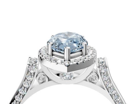 White gold Fancy Blue Marquise Cut Halo Round Diamond Twist Band with Four-Prong Setting_28