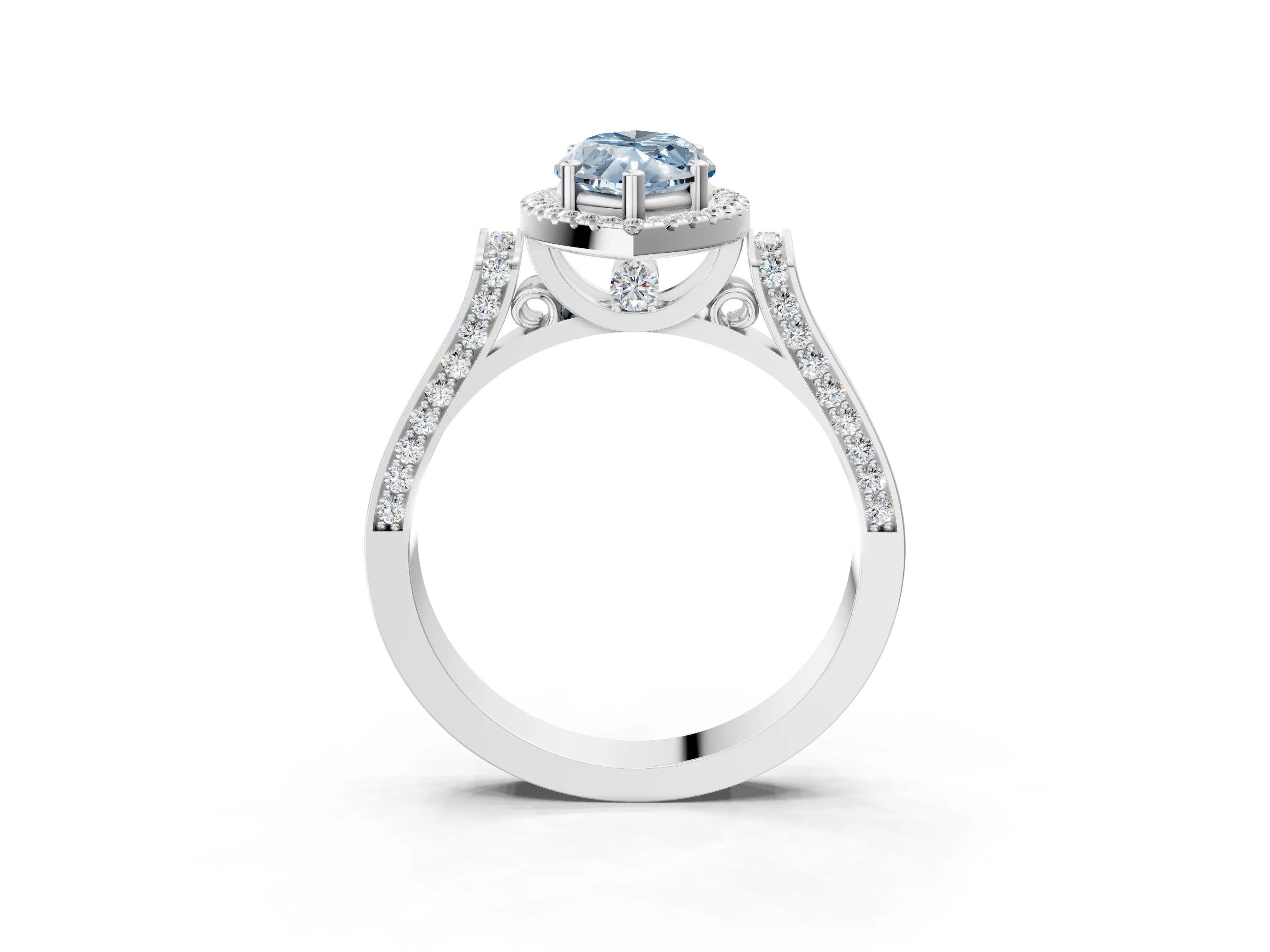 White gold Fancy Blue Marquise Cut Halo Round Diamond Twist Band with Four-Prong Setting_3