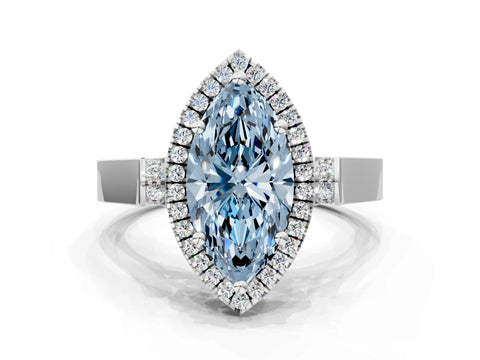 White gold Fancy Blue Marquise Cut Halo Round Diamond Twist Band with Four-Prong Setting