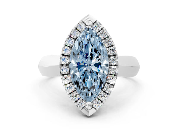 White gold Fancy Blue Marquise  Cut Halo Solitaire Engagement Ring with Square Band and Four-Prong Setting