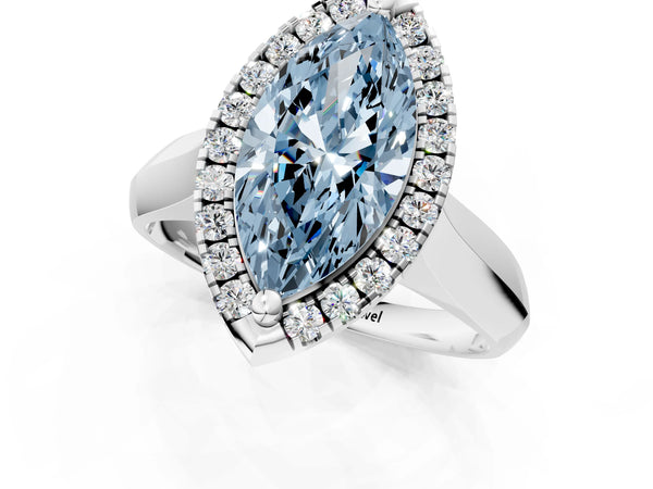 White gold Fancy Blue Marquise  Cut Halo Solitaire Engagement Ring with Square Band and Four-Prong Setting