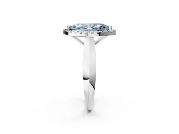 White gold Fancy Blue Marquise  Cut Halo Solitaire Engagement Ring with Square Band and Four-Prong Setting