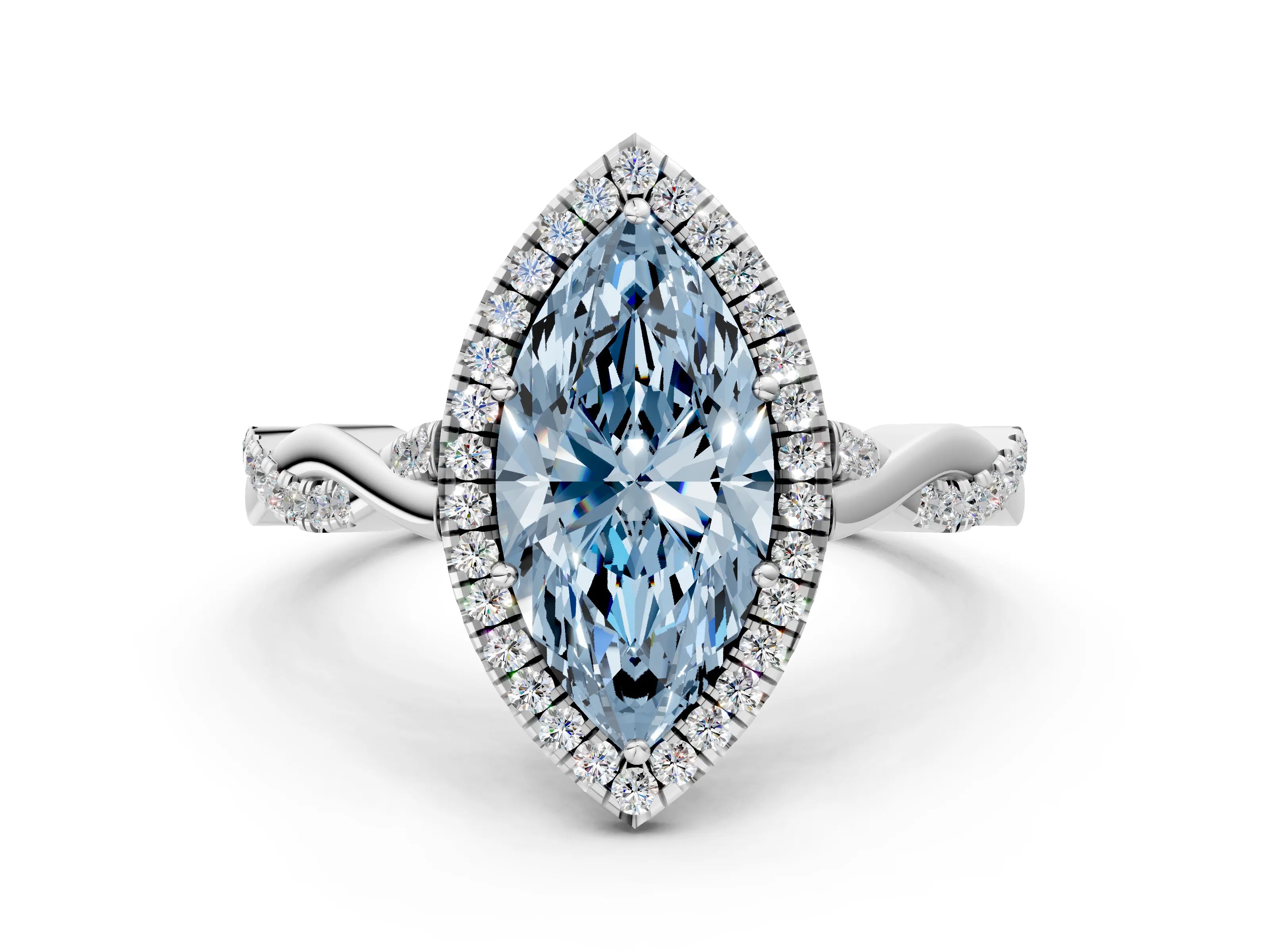 White gold Fancy Blue Marquise Cut Halo Twist Band with Four-Prong Setting_84