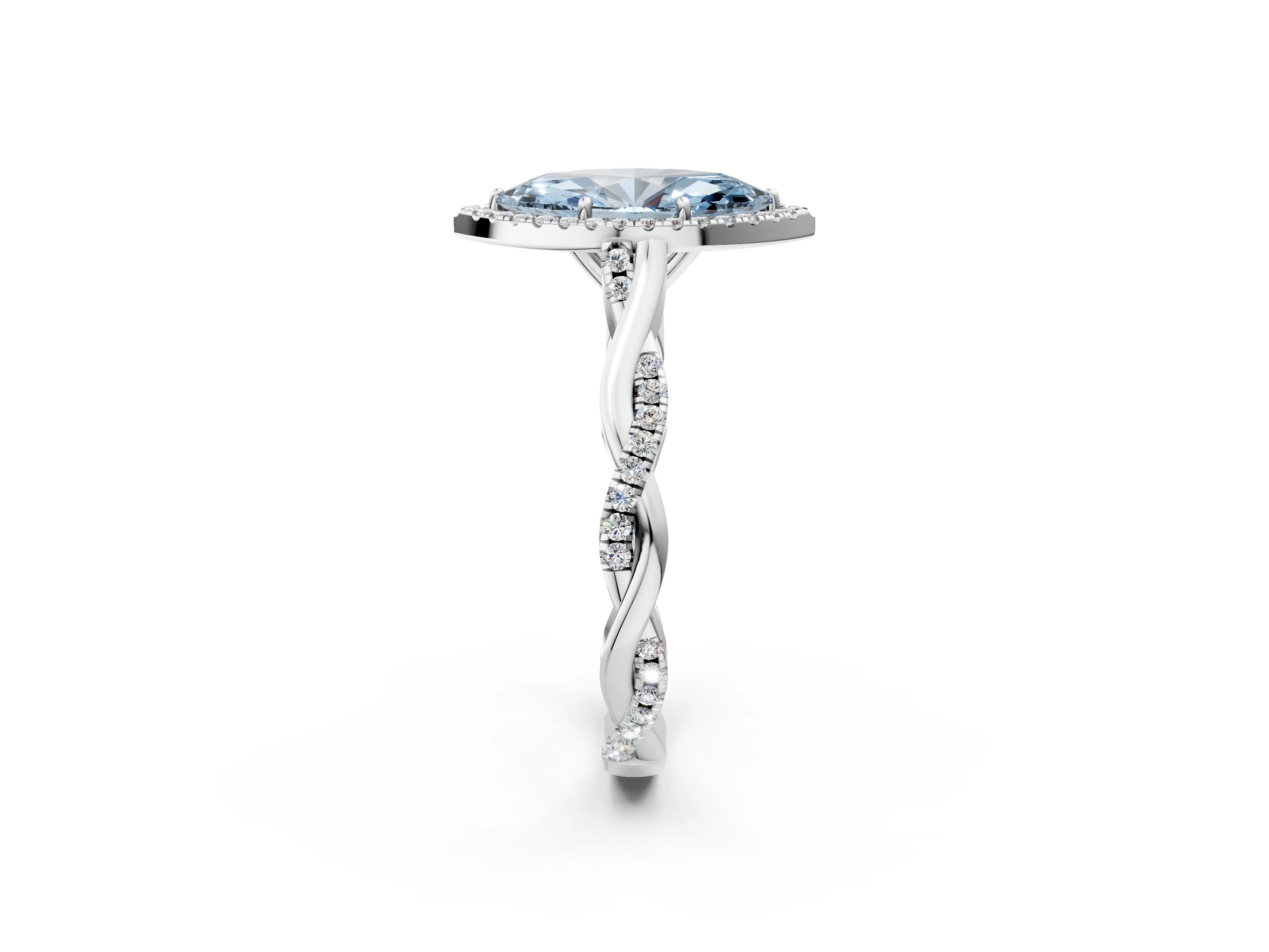 White gold Fancy Blue Marquise Cut Halo Twist Band with Four-Prong Setting_86