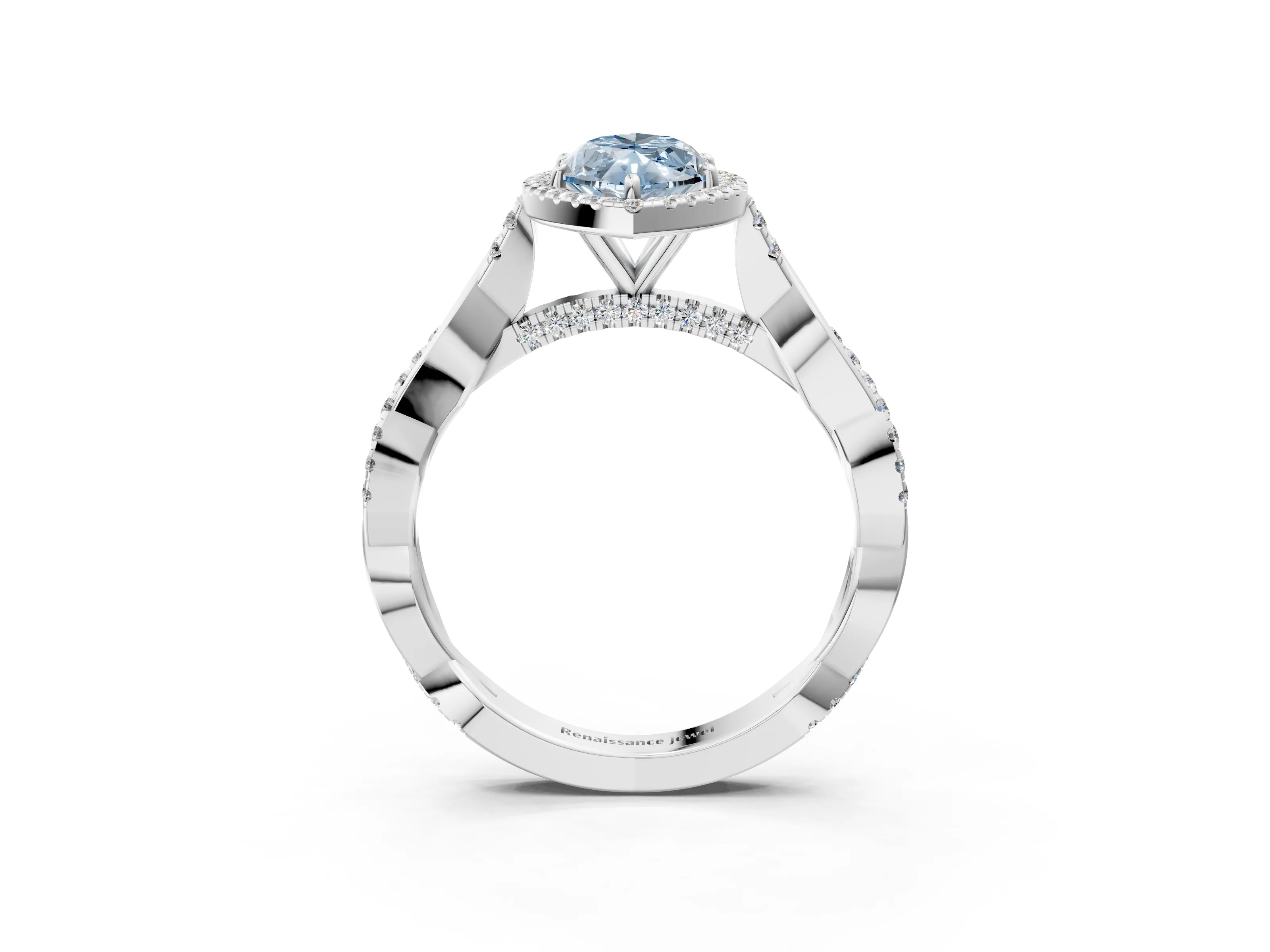 White gold Fancy Blue Marquise Cut Halo Twist Band with Four-Prong Setting_87