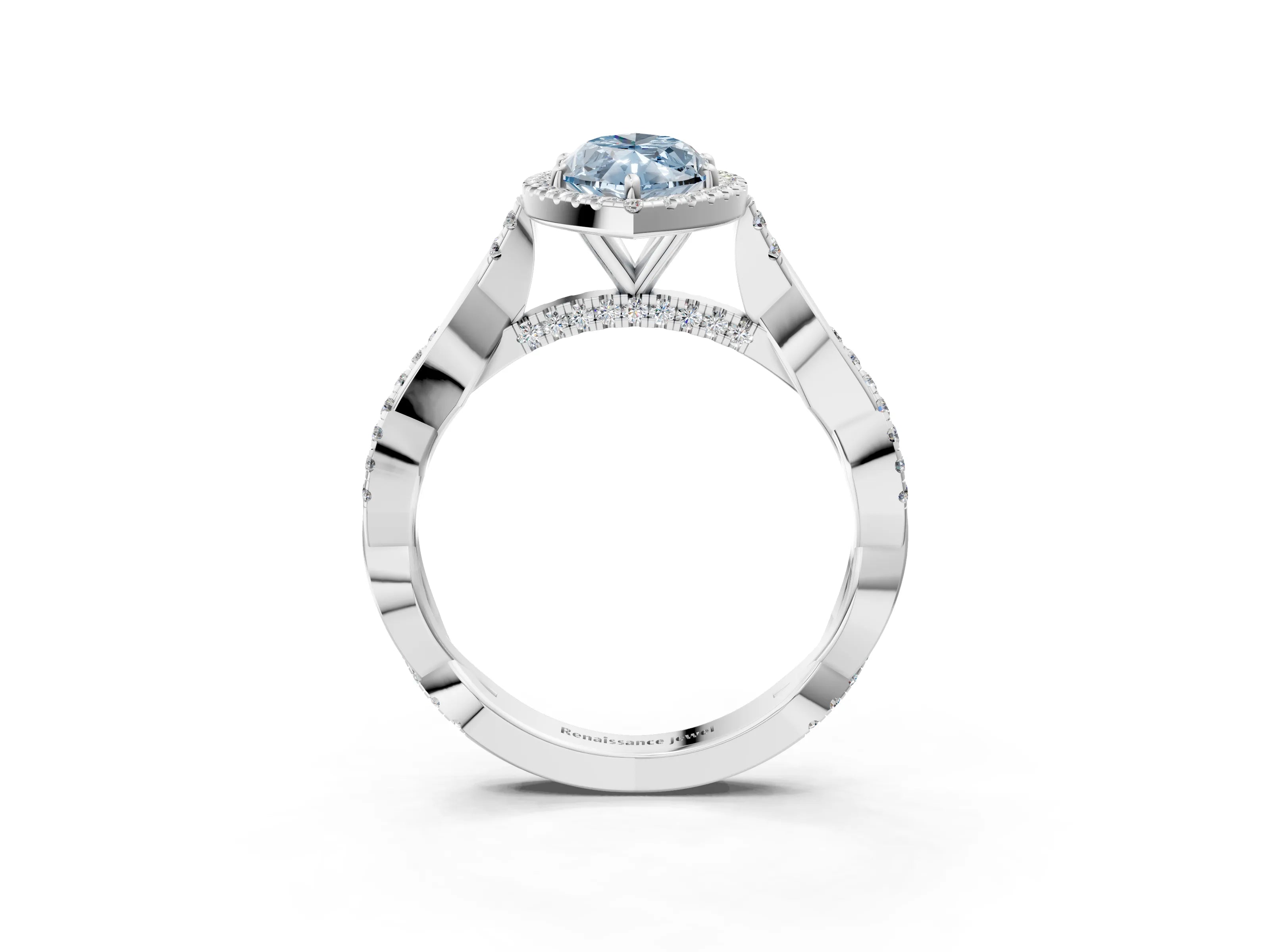 White gold Fancy Blue Marquise Cut Halo Twist Band with Four-Prong Setting_99