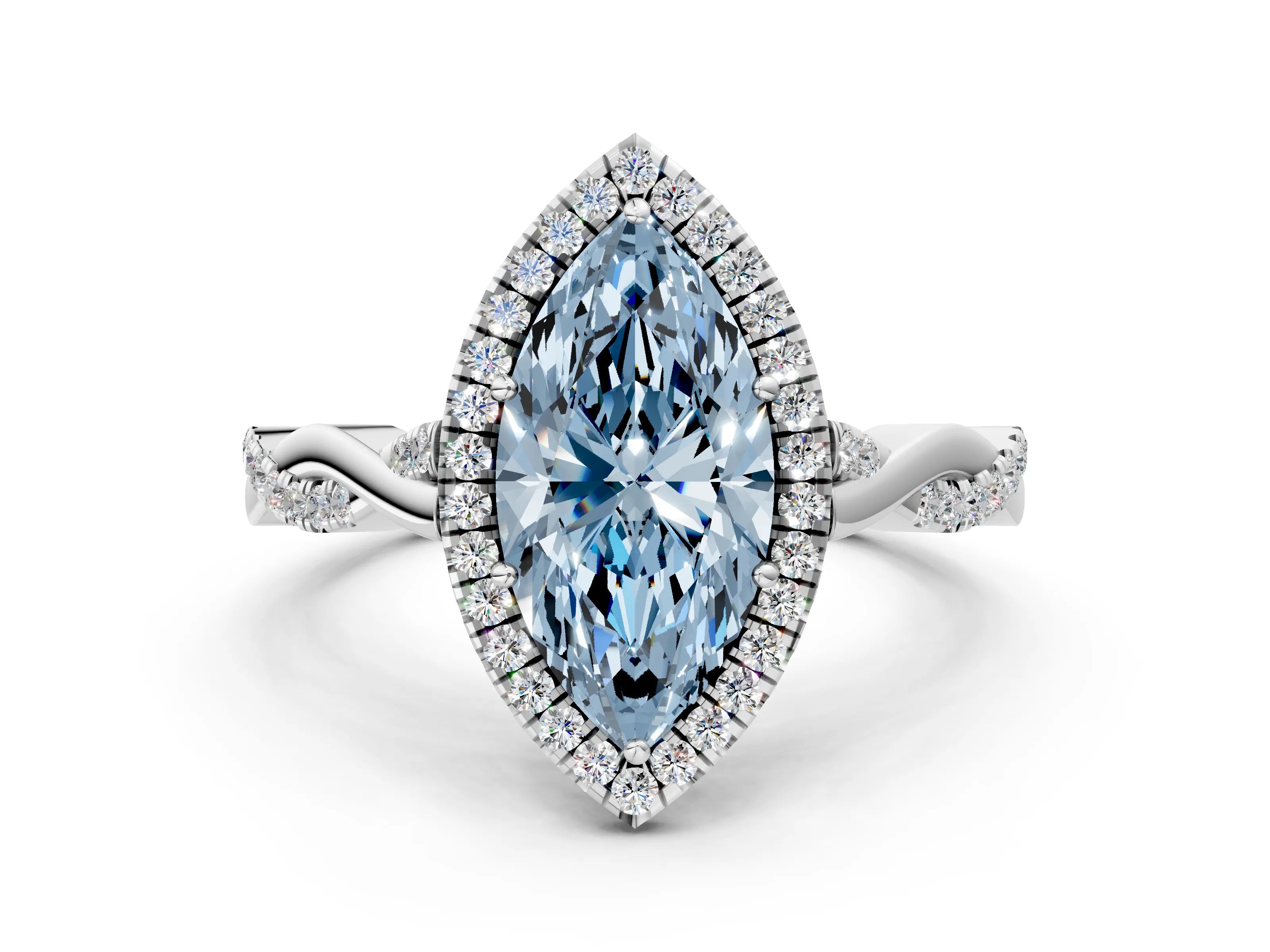 White gold Fancy Blue Marquise Cut Halo Twist Band with Four-Prong Setting