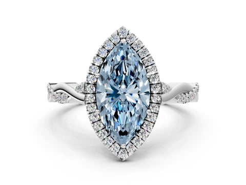 White gold Fancy Blue Marquise Cut Halo Twist Band with Four-Prong Setting