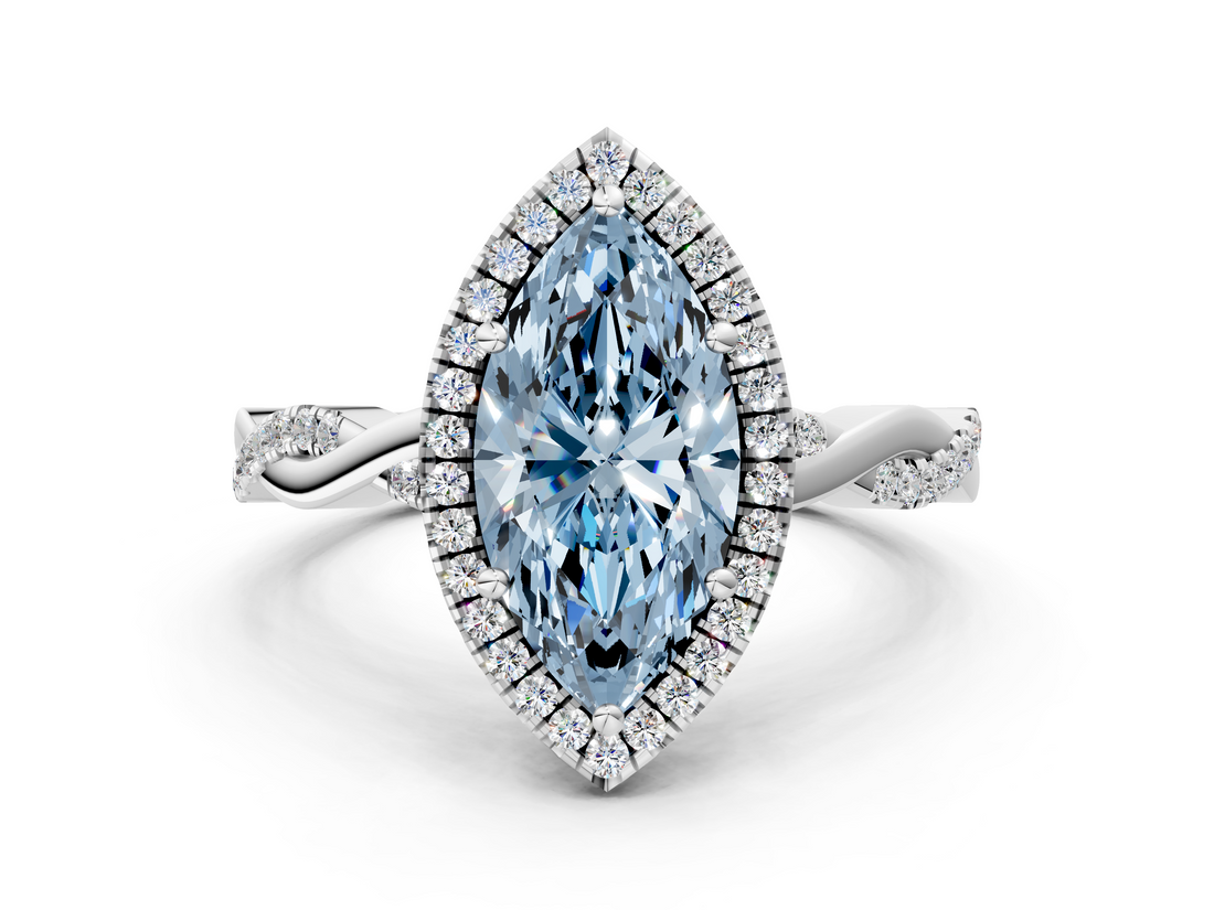 White gold Fancy Blue Marquise  Cut Halo Twisted Band Four-Prong Ring_19