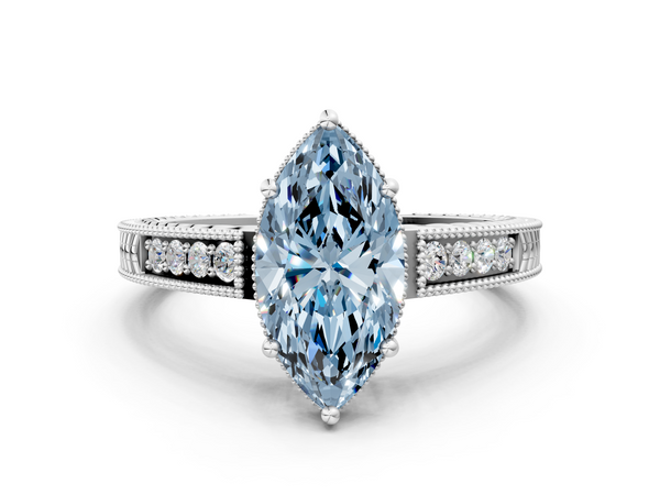 White gold Fancy Blue Marquise Cut Diamond Engagement Ring with Milgrain Channel Set Band and Prong Setting