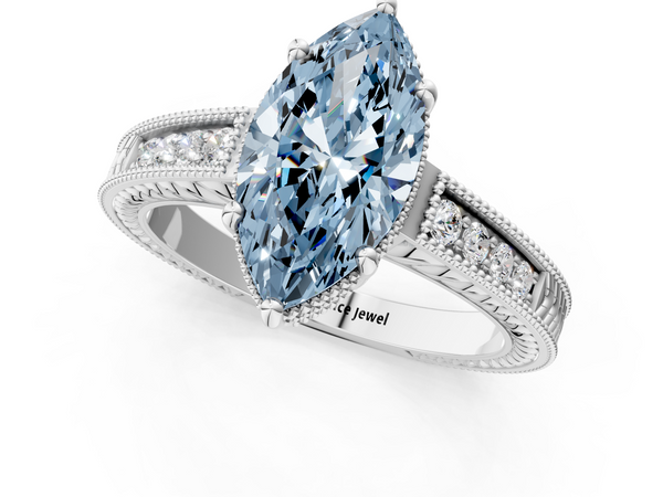 White gold Fancy Blue Marquise Cut Diamond Engagement Ring with Milgrain Channel Set Band and Prong Setting