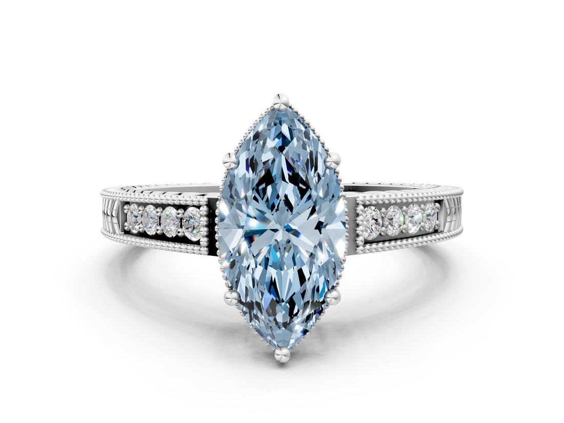 White gold Fancy Blue Marquise  Cut Milgrain Channel Set Engagement Ring with Solitaire Prong Setting_112