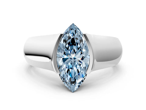 White gold Fancy Blue Marquise Cut Solitaire Bezel Set Diamond Ring with Wide Band_12