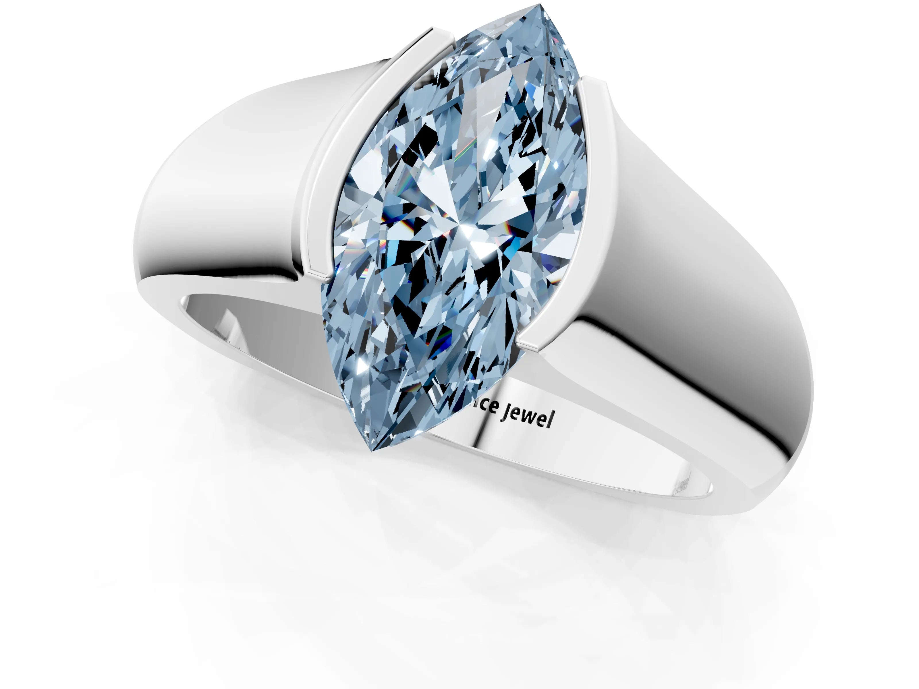 White gold Fancy Blue Marquise Cut Solitaire Bezel Set Diamond Ring with Wide Band_13