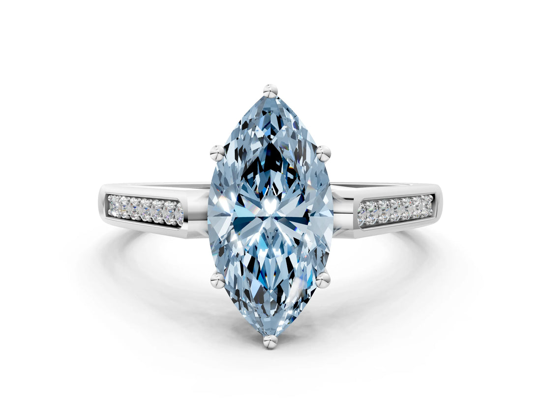 White gold Fancy Blue Marquise Cut Solitaire Cathedral Diamond Engagement Ring with Channel-Set Band and Four-Prong Setting_15