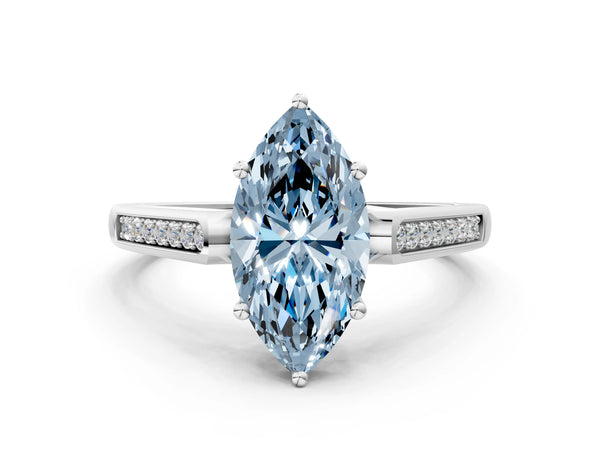 Platinum Fancy Blue Marquise Cut Solitaire Cathedral Diamond Engagement Ring with Channel-Set Band and Four-Prong Setting
