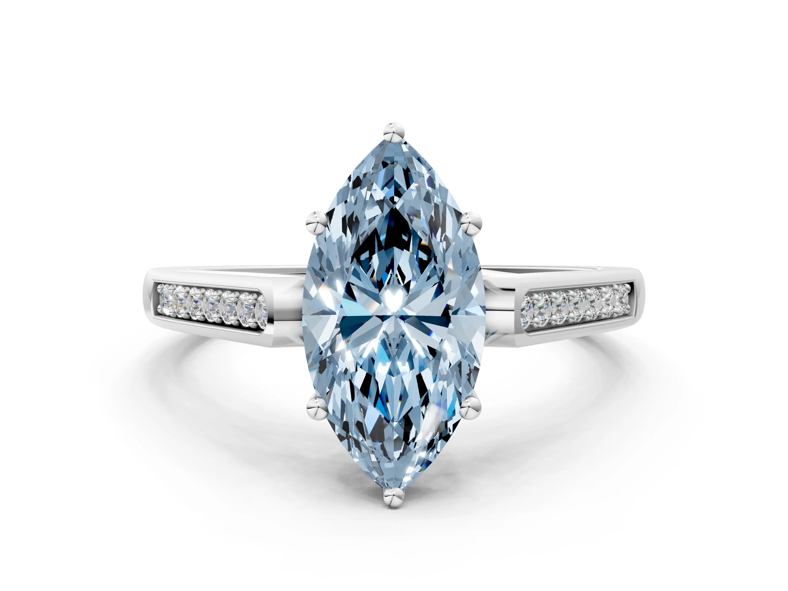 White gold Fancy Blue Marquise Cut Solitaire Cathedral Diamond Engagement Ring with Channel-Set Band and Four-Prong Setting_15