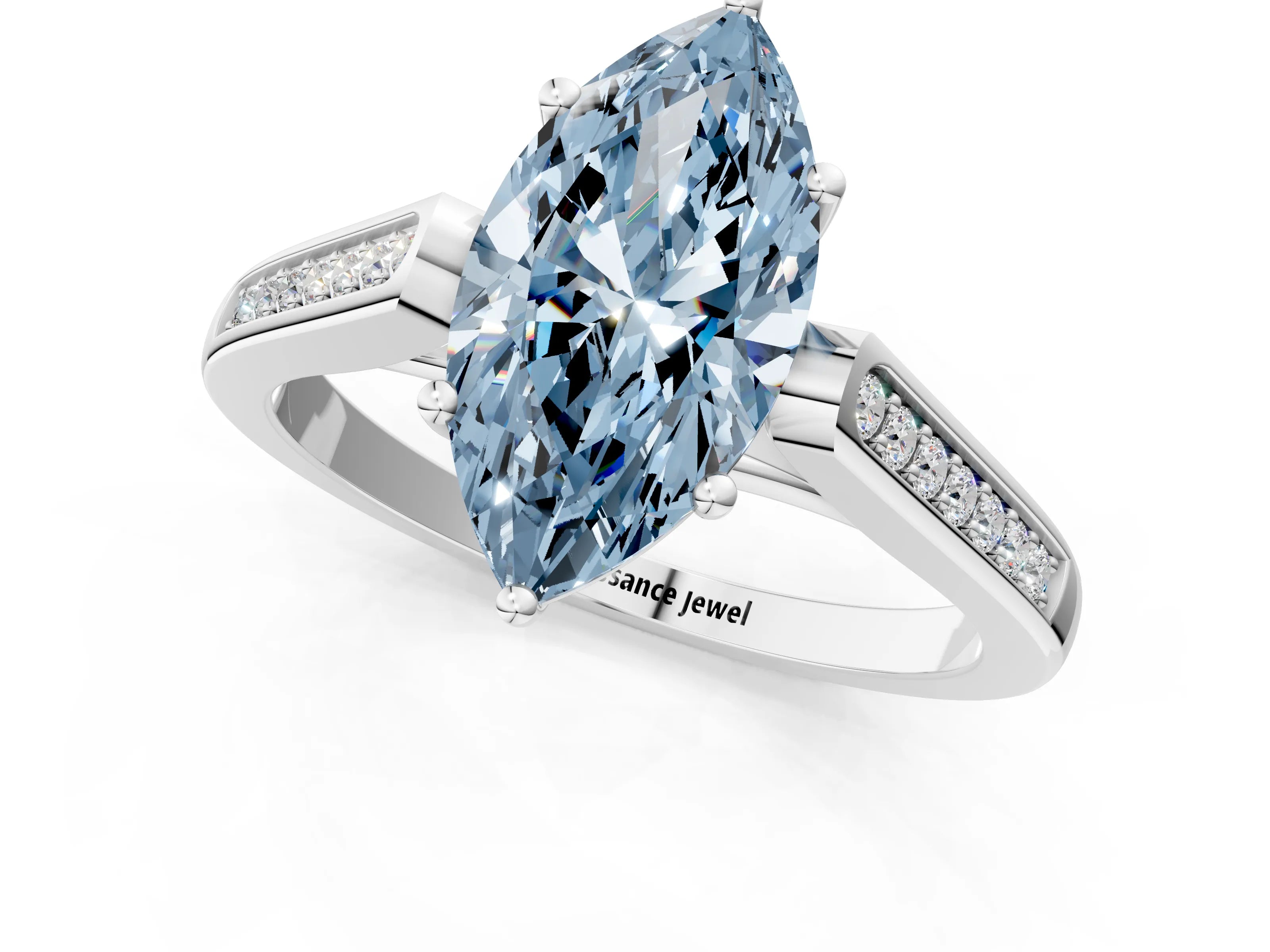 White gold Fancy Blue Marquise Cut Solitaire Cathedral Diamond Engagement Ring with Channel-Set Band and Four-Prong Setting_16