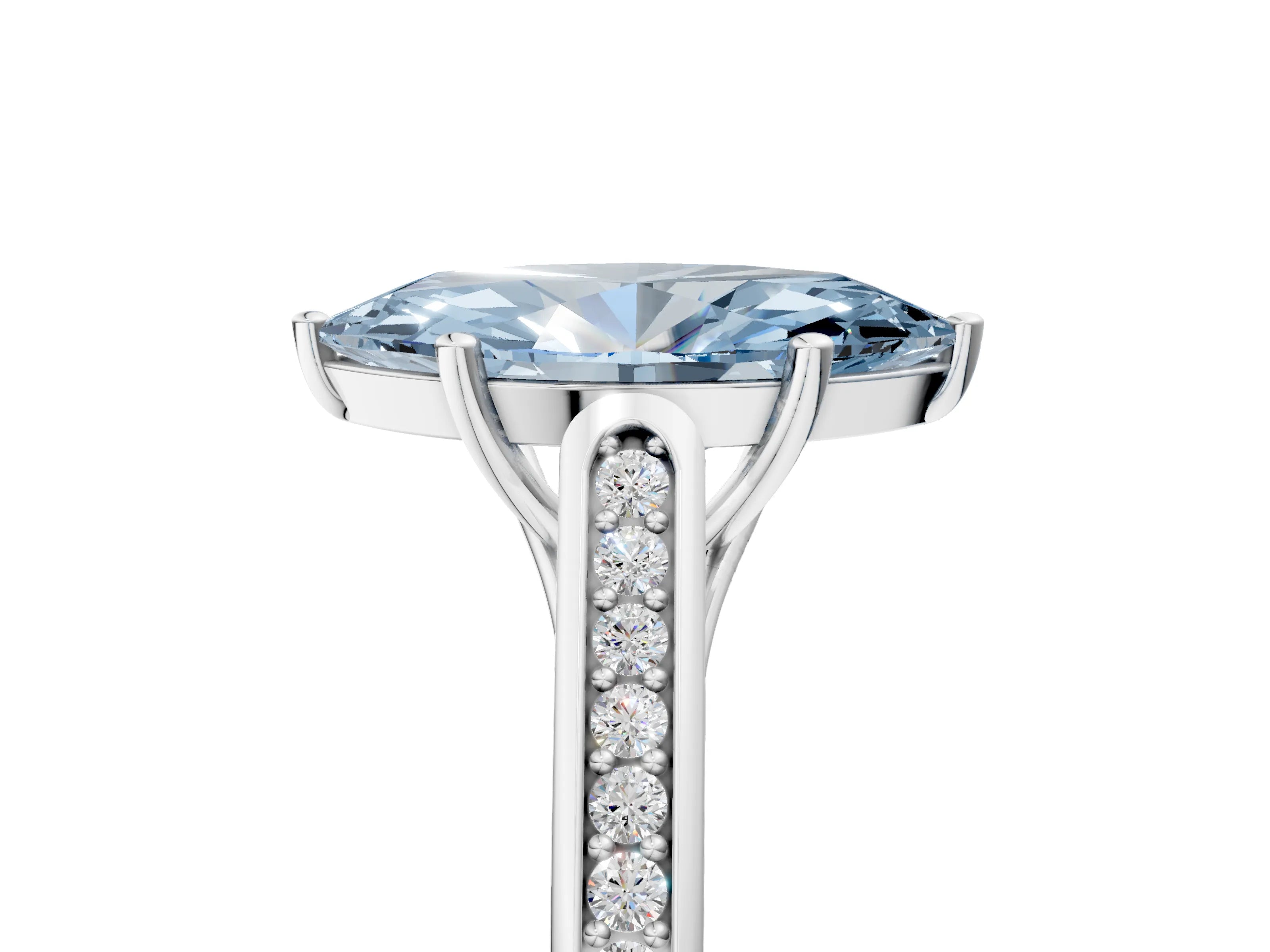 White gold Fancy Blue Marquise Cut Solitaire Cathedral Diamond Engagement Ring with Channel-Set Band and Four-Prong Setting_20