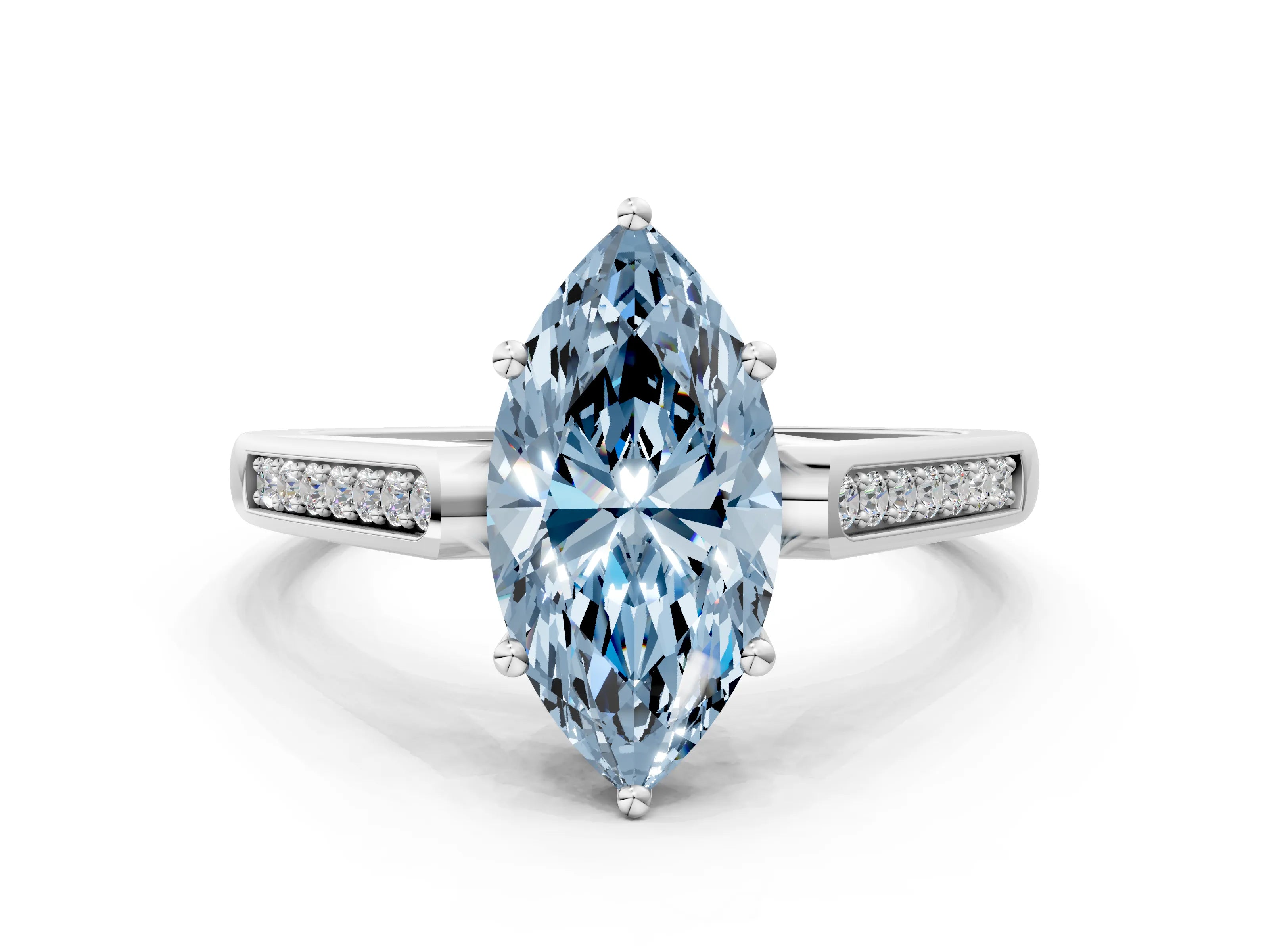 White gold Fancy Blue Marquise Cut Solitaire Cathedral Diamond Engagement Ring with Channel-Set Band and Four-Prong Setting_3