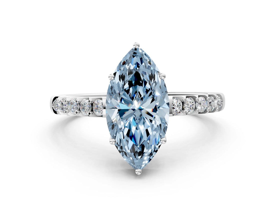 White gold Fancy Blue Marquise Cut Solitaire Diamond Engagement Ring with Pavé Band and Six-Prong Setting_12