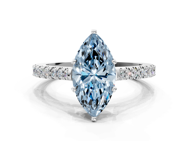 Platinum Fancy Blue Marquise  Cut Solitaire Diamond Engagement Ring with Pave Band and Four-Prong Setting