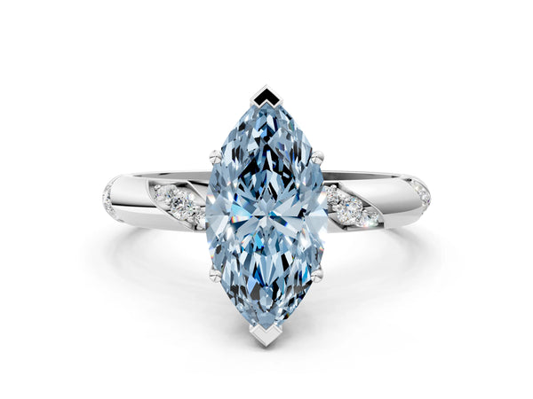 Platinum Fancy Blue Marquise Cut Solitaire Diamond Engagement Ring with Twisted Pave Band and Four-Prong Setting