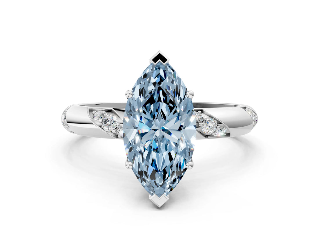 White gold Fancy Blue Marquise Cut Solitaire Diamond Engagement Ring with Twisted Pave Band and Four-Prong Setting_19