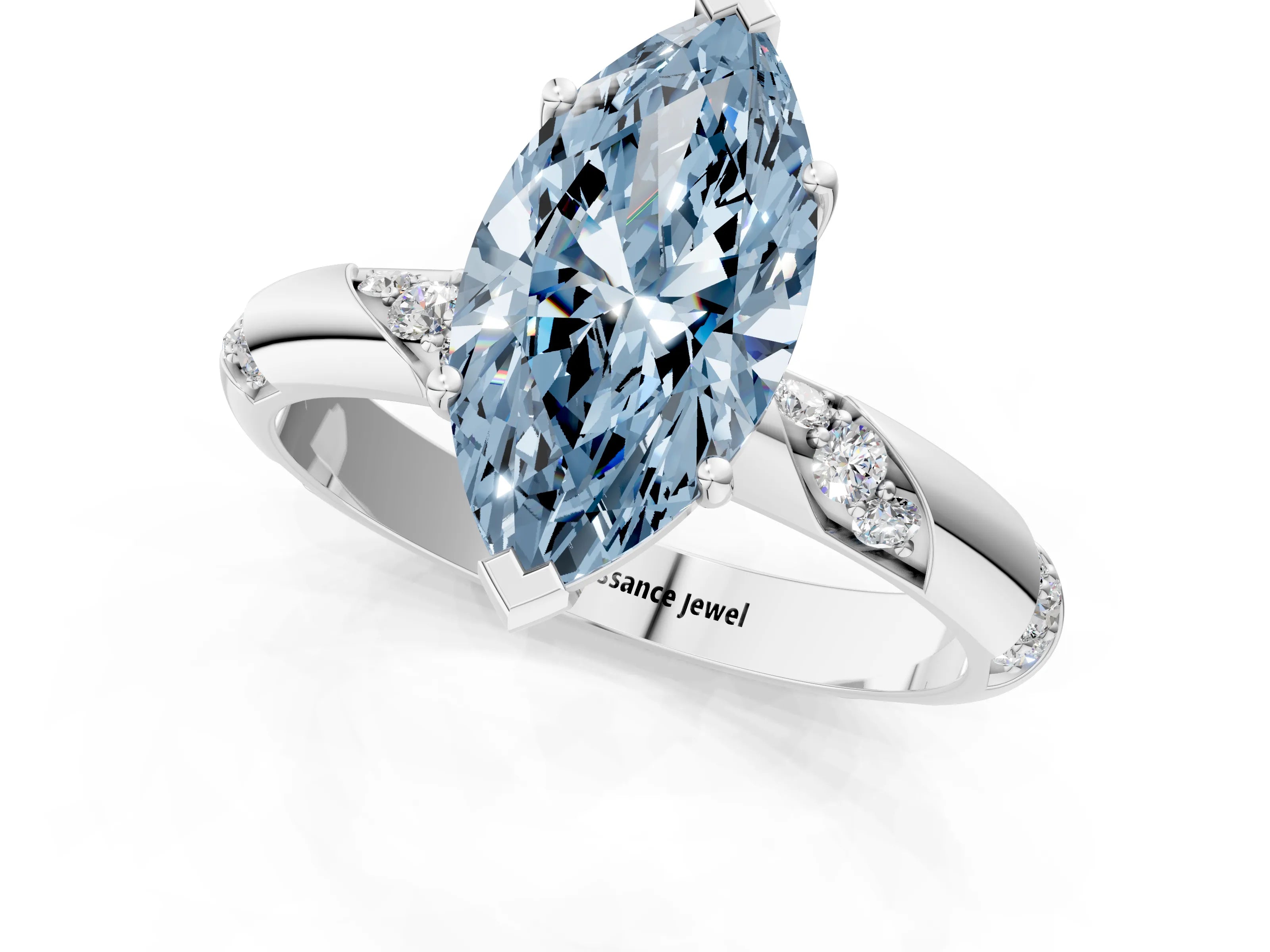 White gold Fancy Blue Marquise Cut Solitaire Diamond Engagement Ring with Twisted Pave Band and Four-Prong Setting_20