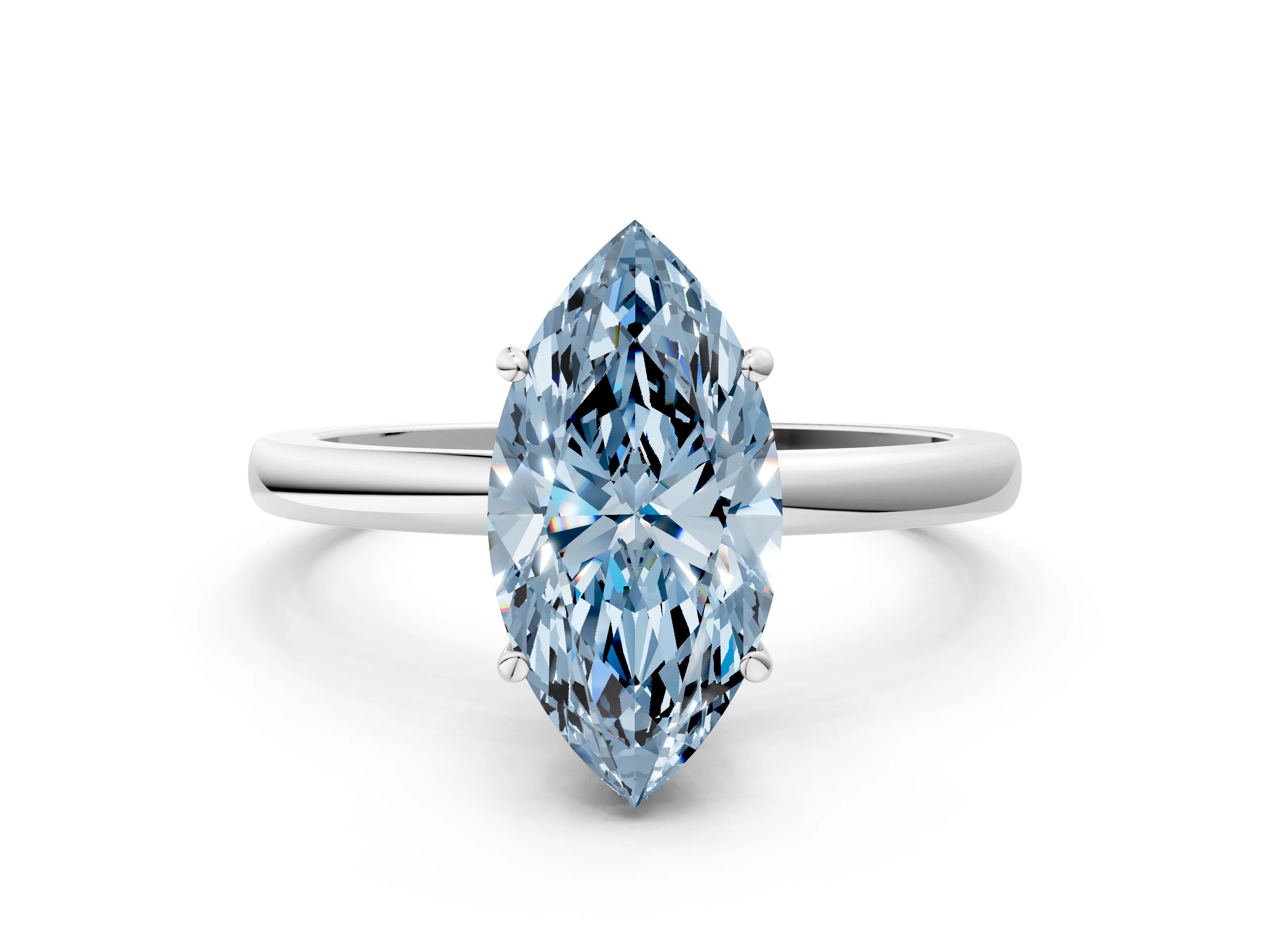 White gold Fancy Blue Marquise Cut Solitaire Diamond Ring with Prong Setting and Plain Band_12