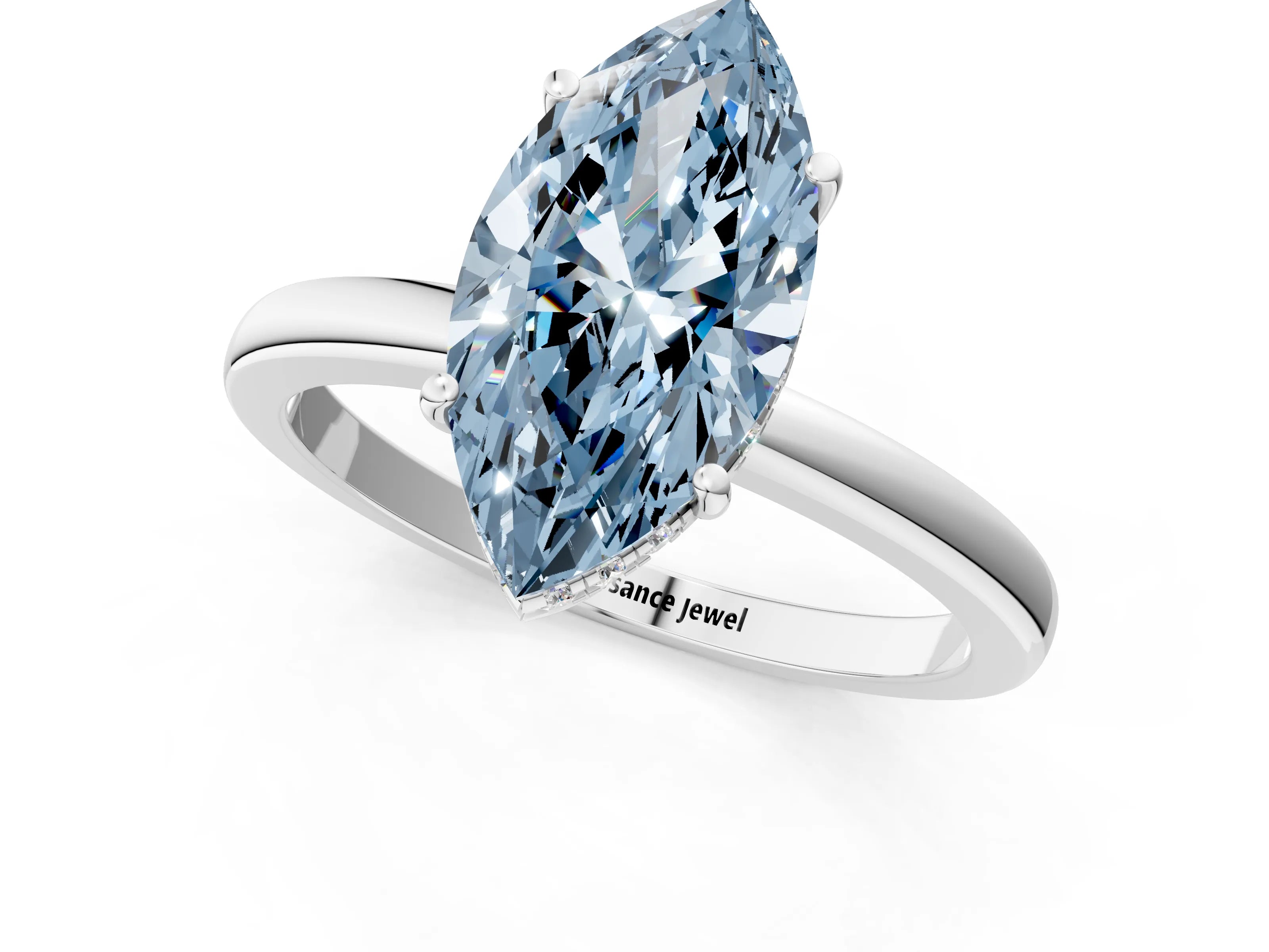 White gold Fancy Blue Marquise Cut Solitaire Diamond Ring with Prong Setting and Plain Band_13