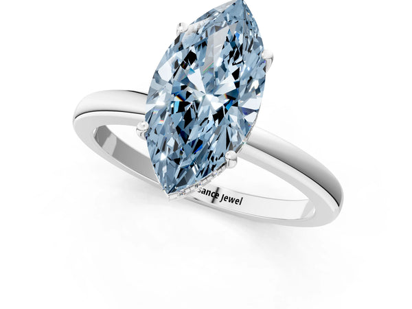 Platinum Fancy Blue Marquise Cut Solitaire Diamond Ring with Prong Setting and Plain Band