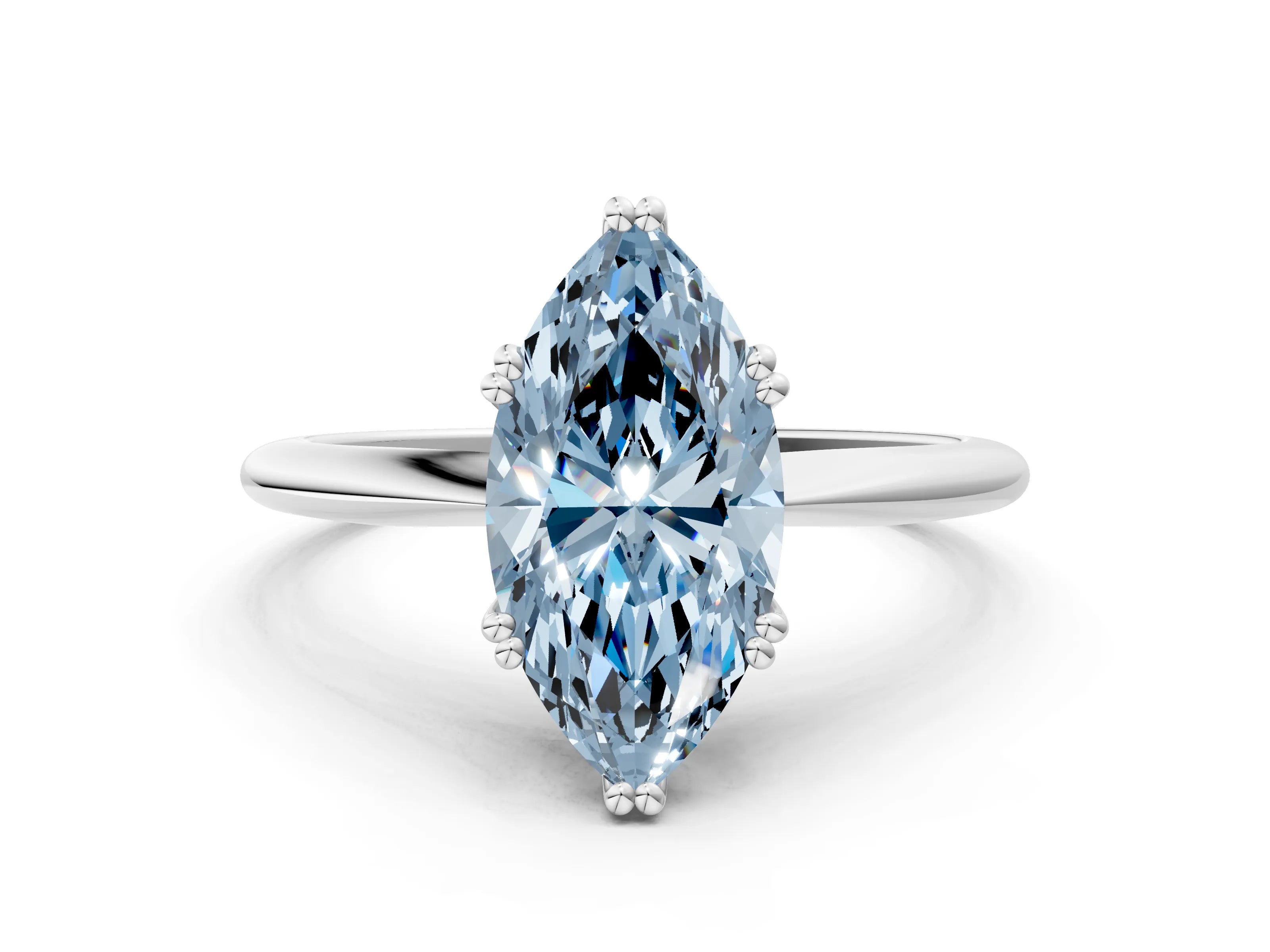 White gold Fancy Blue Marquise Cut Solitaire Diamond Ring with Six-Prong Setting and Classic Band