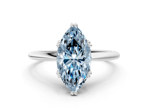 Platinum Fancy Blue Marquise Cut Solitaire Diamond Ring with Six-Prong Setting and Classic Band