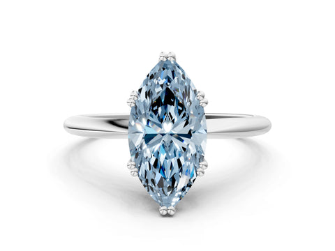 White gold Fancy Blue Marquise Cut Solitaire Diamond Ring with Six-Prong Setting and Classic Band