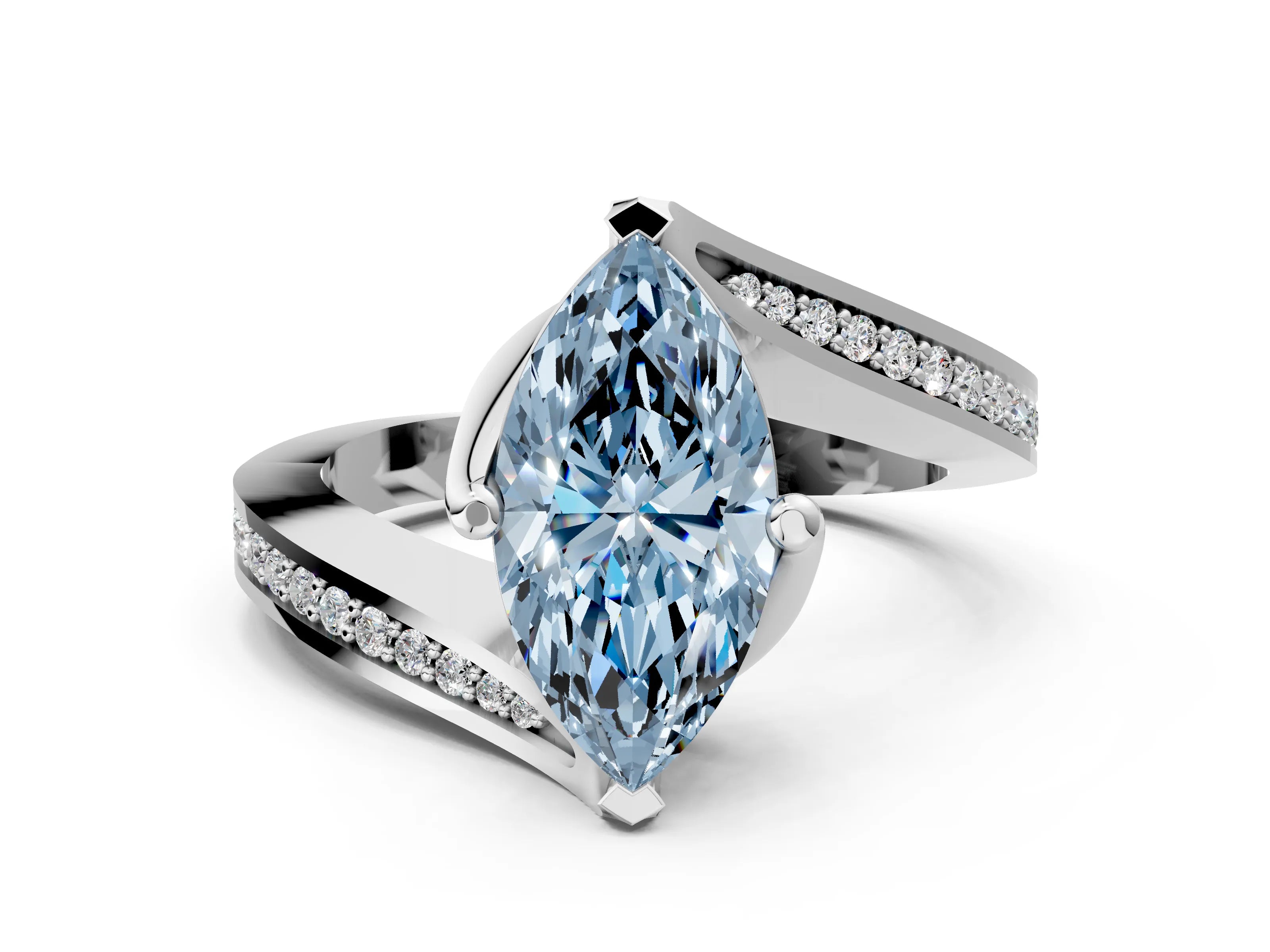 White gold Fancy Blue Marquise Cut Solitaire Diamond Twist Band with Pavé Setting and Four-Prong Setting_12