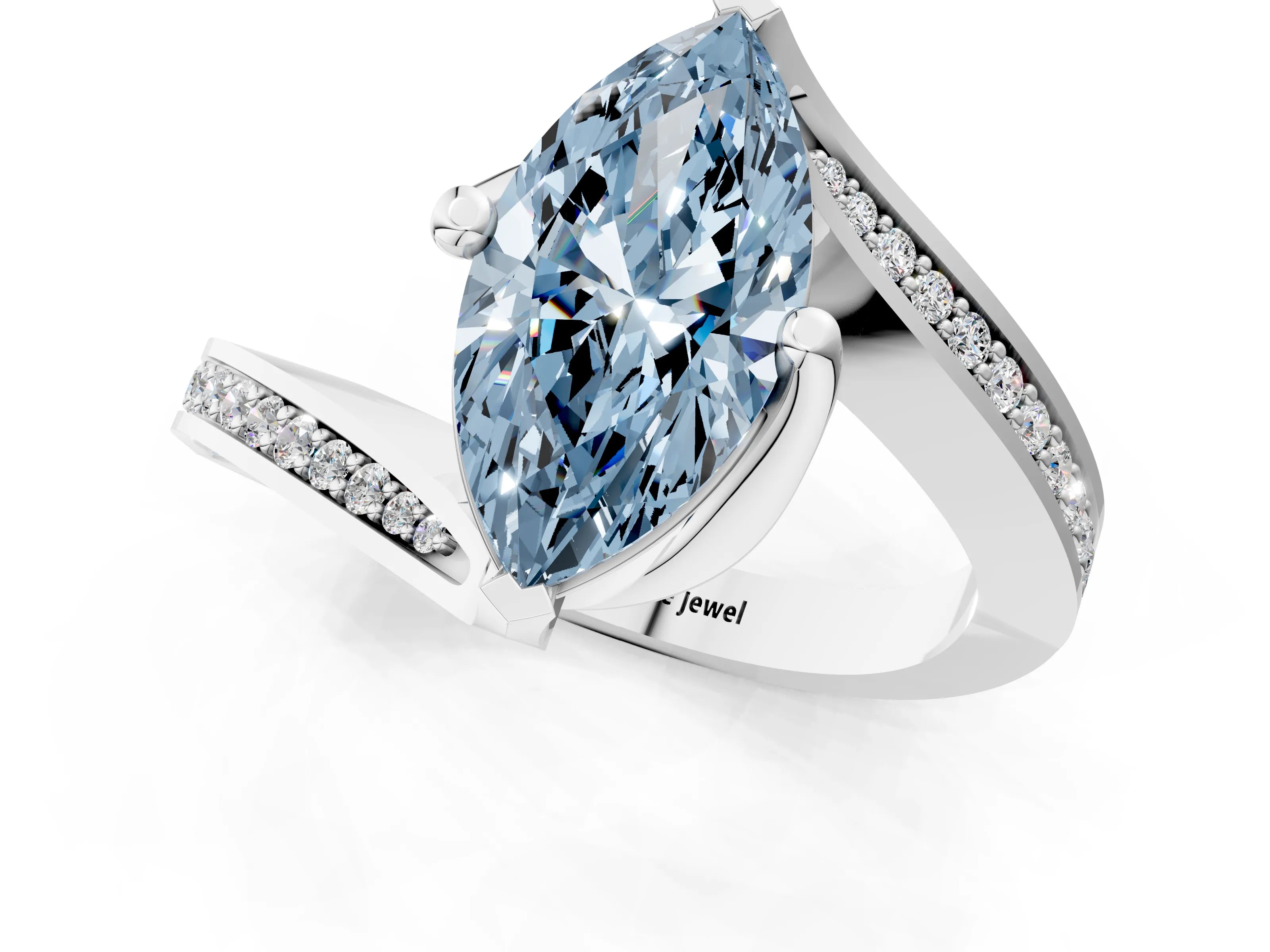 White gold Fancy Blue Marquise Cut Solitaire Diamond Twist Band with Pavé Setting and Four-Prong Setting_13