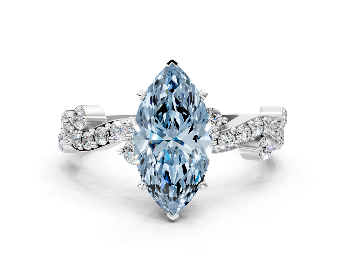 White gold Fancy Blue Marquise  Cut Solitaire Diamond Twisted Band with Pave Setting_61