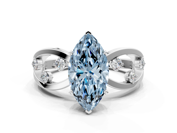 Platinum Fancy Blue Marquise  Cut Solitaire Diamond with Side Stones on Criss-Cross Band and Four-Prong Setting