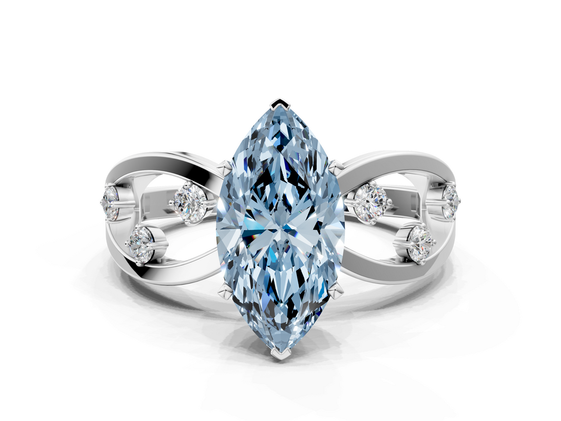 White gold Fancy Blue Marquise  Cut Solitaire Diamond with Side Stones on Criss-Cross Band and Four-Prong Setting_3