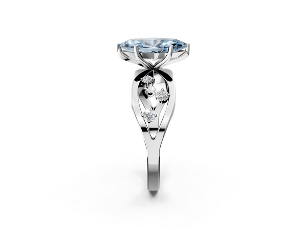 Platinum Fancy Blue Marquise  Cut Solitaire Diamond with Side Stones on Criss-Cross Band and Four-Prong Setting