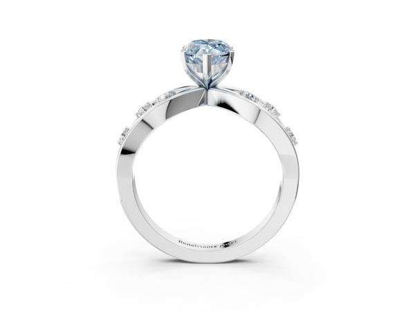 Platinum Fancy Blue Marquise  Cut Solitaire Diamond with Side Stones on Criss-Cross Band and Four-Prong Setting