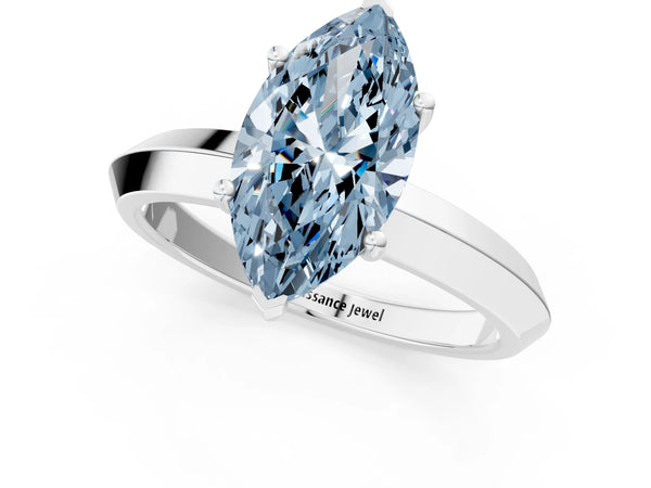 White gold Fancy Blue Marquise  Cut Solitaire Engagement Ring with Flat Band and Four-Prong Setting