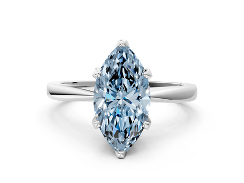 White gold Fancy Blue Marquise Cut Solitaire Engagement Ring with Six-Prong Setting and Tapered Band