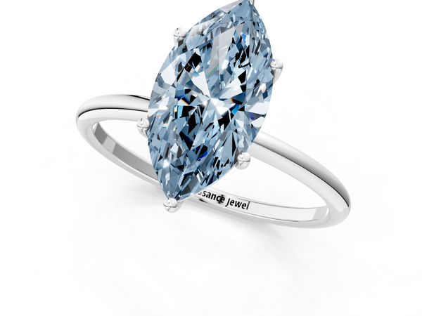 White gold Fancy Blue Marquise  Cut Solitaire Engagement Ring with Thin Band and Four-Prong Setting