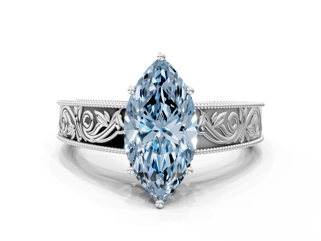 White gold Fancy Blue Marquise  Cut Solitaire Engraved Band with Four-Prong Setting_62