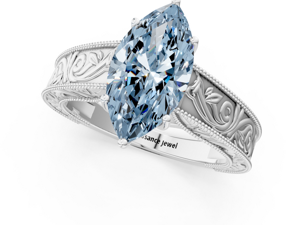 Sterling Silver Marquise Vintage Engraved Solitaire Engagement Ring Setting for Fancy Blue Center